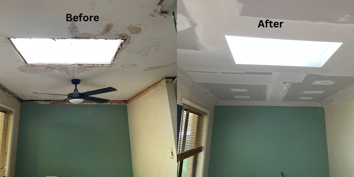 before and after photo of ceiling repair central coast