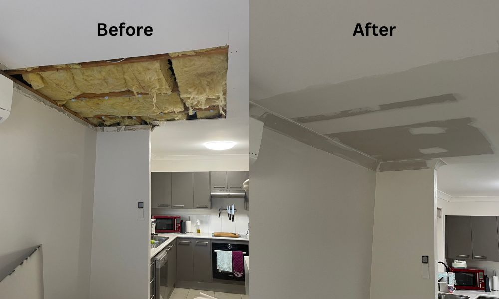 before and after photo of kitchen lounge gyprock ceiling repair
