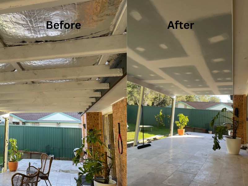 before and after photo of plastered dropped ceiling pergola